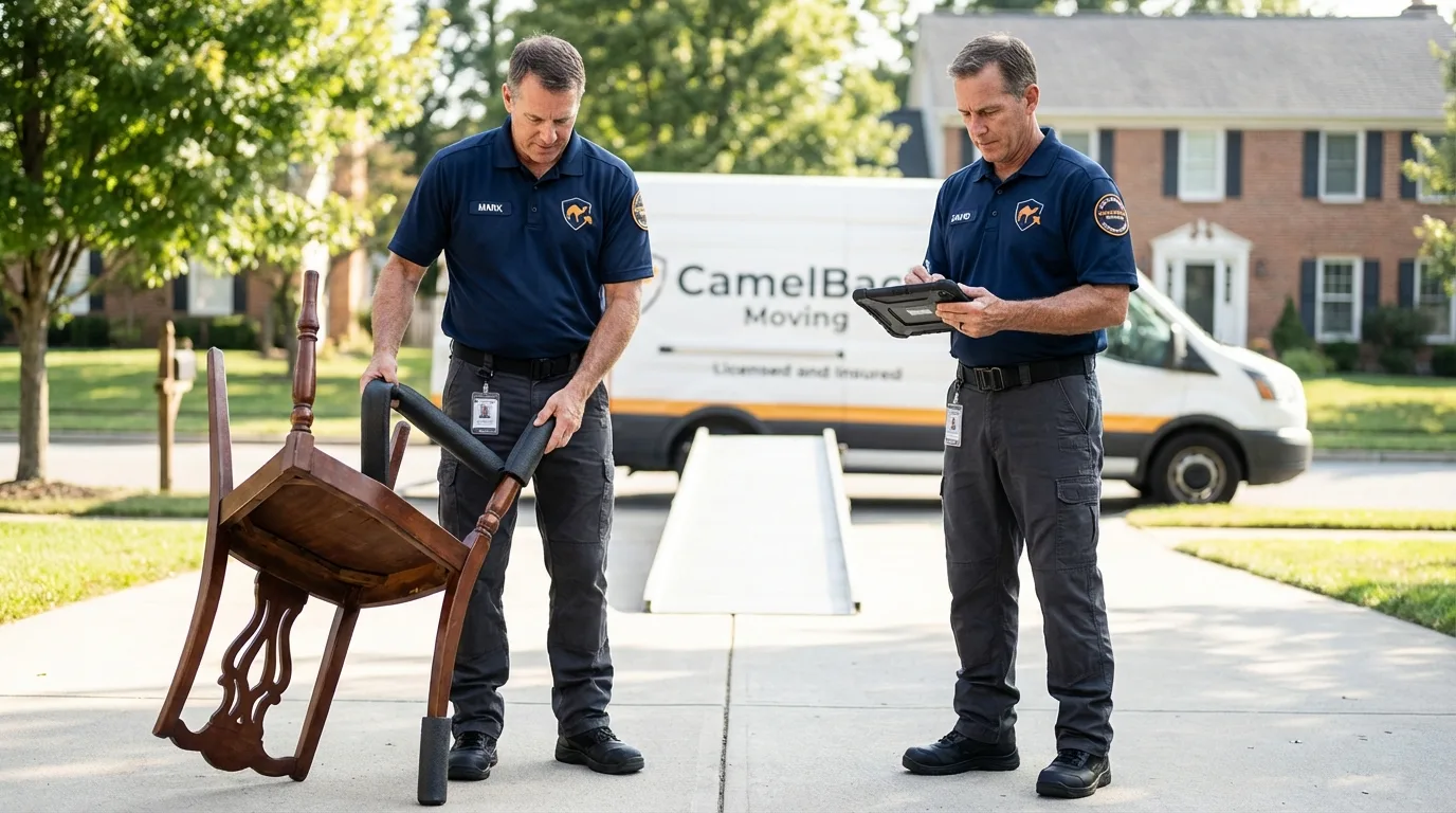 Movers inspecting furniture for damage prevention before loading in Timberville, VA