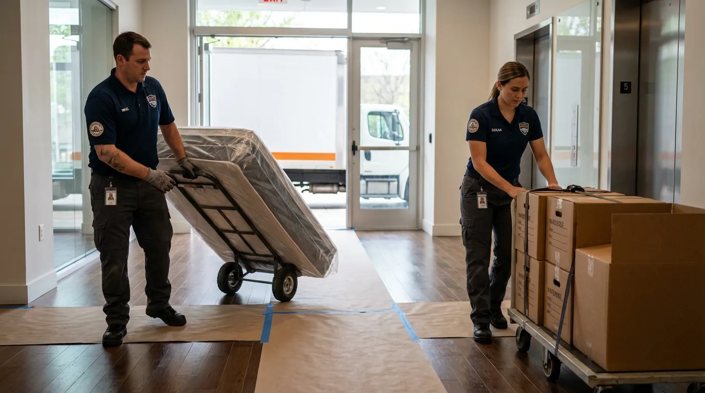Professional apartment movers loading elevator in Timberville, VA