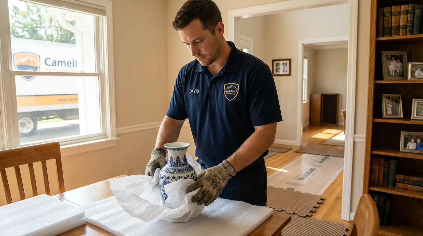 Professional crew carefully wrapping antique vase for senior downsizing move in Timberville, VA